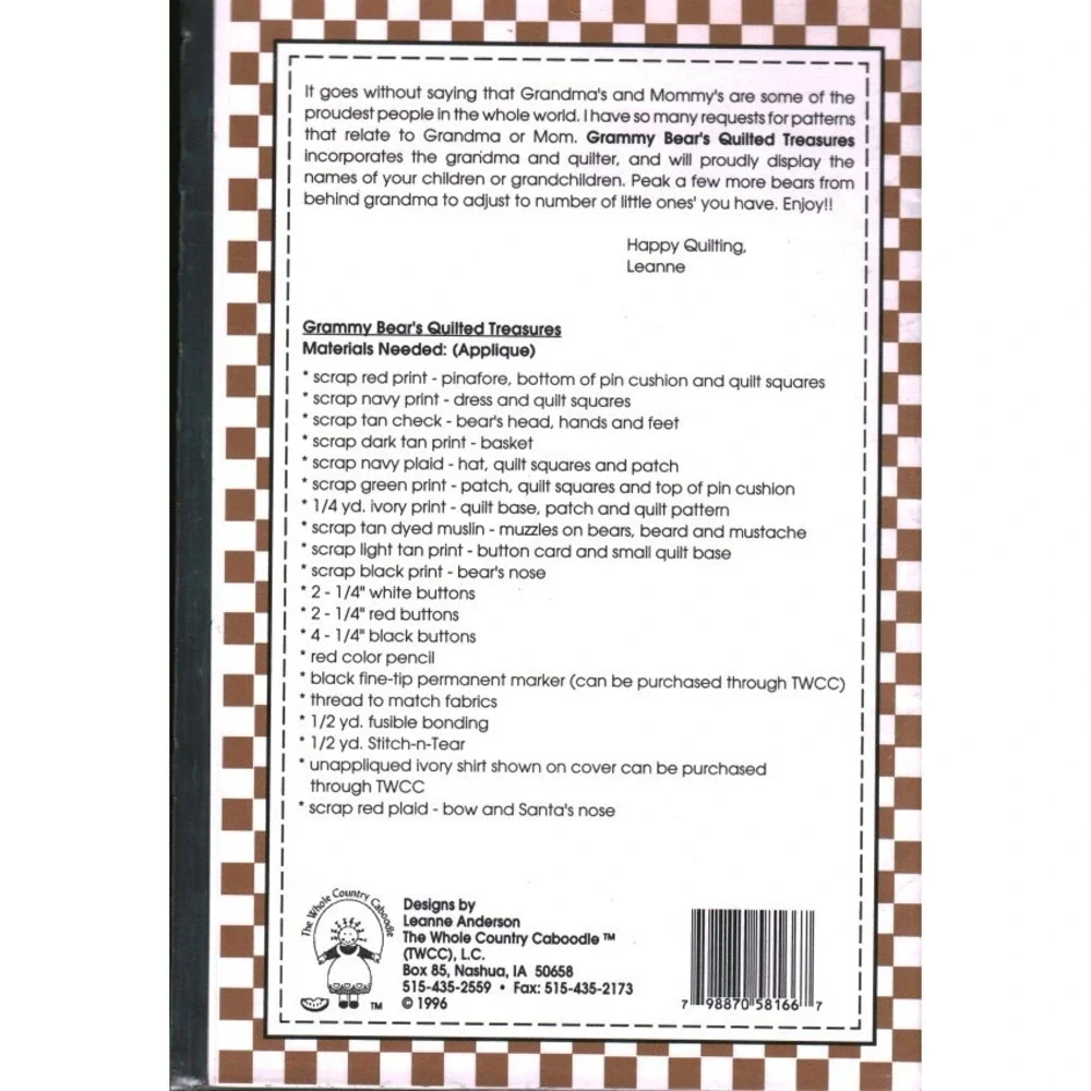 The‎ Whole Country Caboodle Grammy Bears Quilted Treasures Applique Pattern 6449